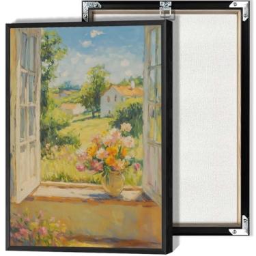 Imagem de Flores na janela, arte de parede, estilo impressionista, pôsteres de vida rural impressões para casa quarto dormitório decoração de parede 30,5 x 40,6 cm sem moldura
