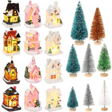 Imagem de Kasyat Conjunto de 36 peças de estatuetas de casas de vila de Natal, 12 casas de vila de Natal brancas e rosa iluminadas com 24 mini árvores de Natal, 6 cores para decoração de mesa de cena colorida