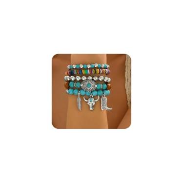 Imagem de Navirix Conjunto de pulseiras turquesa com contas ocidentais para mulheres boêmia cowgirl boêmia cabeça de boi pulseiras vintage contas de madeira elásticas pacote de joias acessórios de joias, Large