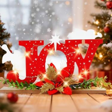 Imagem de Halloscume Joy Christmas Decoração de Natal para mesa de Natal, silhueta de anjo de família sagrada, decoração interna com cordão de luz, guirlanda de poinsétia de madeira, mesa, sinais de Feliz Natal
