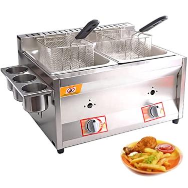 Imagem de HYUIO Fritadeira a gás de bancada comercial, fritadeira de gordura de aço inoxidável com cesta removível, máquina profissional de fritura de cozinha de bancada a gás para batatas fritas, donuts, peixe