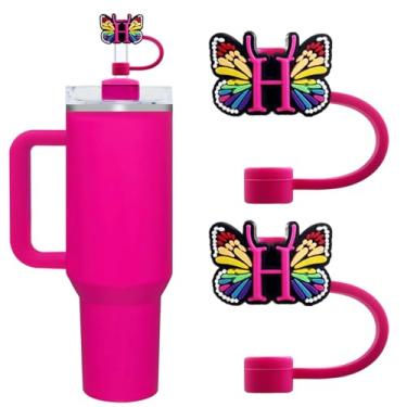 Imagem de Lindas capas de canudo com letra inicial para copos Stanley 20/30/1,134.0 g - tampas à prova de poeira de 10 mm/0,4 pol. - Protetor reutilizável para canudos de 9 a 10 mm, 2 peças