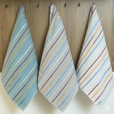 Imagem de Kit Pano de Prato Atoalhado 3 Peças, 100% Algodão, 70x45cm, Listrado Colorido, Felpudo, Alta Absorção para Cozinha, Pano de Copa, Toalha de Cozinha (Azul - Cinza - Branco)