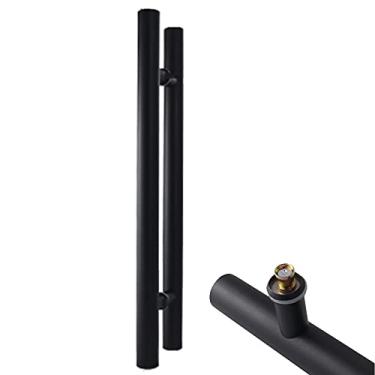 Imagem de Maçaneta de porta redonda de aço inoxidável deslizante para porta de celeiro - 16/24/32/40/48 pol, puxador de porta dupla face em forma de H para pátio/escritório/banheiro/portas da frente (preto 80