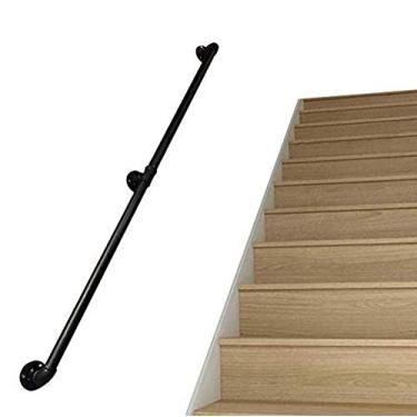 Imagem de Corrimão de escada - kit completo. Tubo de ferro de vento industrial para idosos, para corredor interno e externo, sótão, preto (tamanho: 3 m)