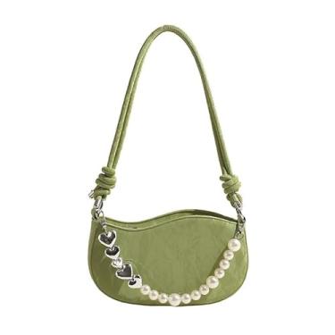 Imagem de Bolsa de ombro com detalhes de pérola, bolsa quadrada nas axilas com alça ajustável, transversal feminina elegante, Verde, Morden