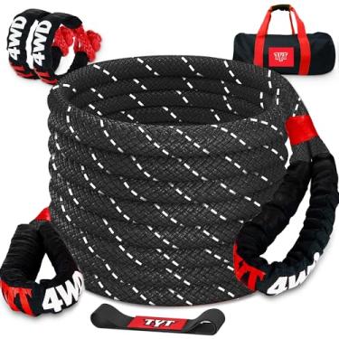 Imagem de TYT Corda de recuperação cinética, (3 cm x 9 m preto) Alça de arrebatamento de 24,947 kg, cordas de reboque de nylon elástico resistente com 2 peças de manilhas macias para veículos off-road, jipe