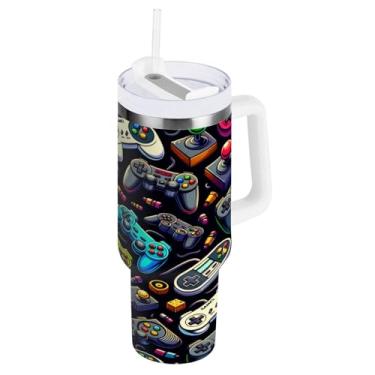 Imagem de Blueangle Copo isolado de 850 g com alça e tampa de canudo - Caneca de viagem de aço inoxidável à prova de vazamento, vácuo de parede dupla vários gamepads garrafa de água (534)