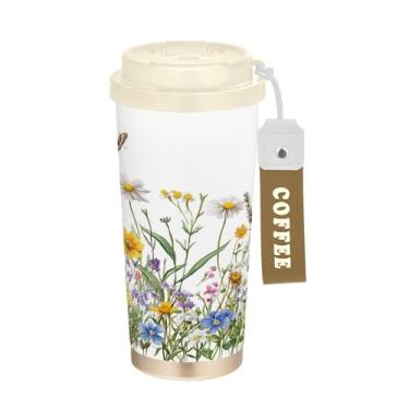 Imagem de SEHANY Caneca de viagem borboleta e flores de 482 ml Copos de café reutilizáveis revestidos de cerâmica com tampa à prova de vazamento, parede dupla, isolamento a vácuo, copo de café de aço inoxidável