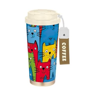 Imagem de SEHANY Caneca de viagem de gato gatinho fofo de 482 g xícaras de café reutilizáveis revestidas de cerâmica com tampa à prova de vazamento, parede dupla, isolamento a vácuo, copo de café de aço