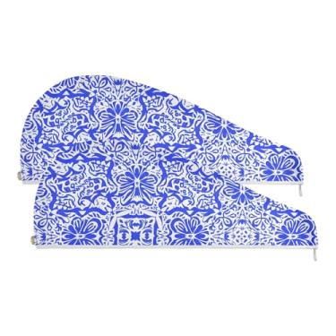 Imagem de SEHANY Bohemia Toalha de cabelo de microfibra flor azul para mulheres 2 peças turbantes de cabelo de secagem rápida com botão, touca de cabelo seco absorvente toalha de secagem de cabelo para cabelos