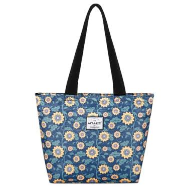 Imagem de HAWEE Bolsa feminina com zíper, bolso interno de malha, resistente, casual, anti-água, bolsa de ombro para viagem, Girassol com seda prateada, One Size, Bolsa