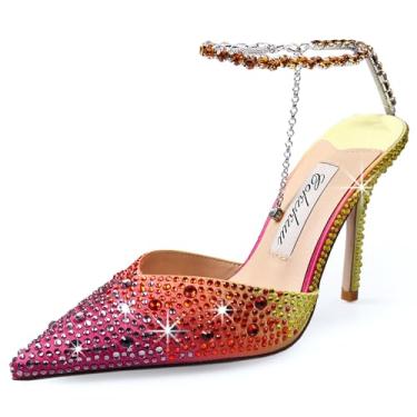 Imagem de Cokvkuu Sandálias femininas de salto alto, corrente de cristal, tiras no tornozelo, fivela de strass, salto alto, stiletto, sem fecho, festa de casamento, sapato social de cetim 9 cm, Roxo dégradé