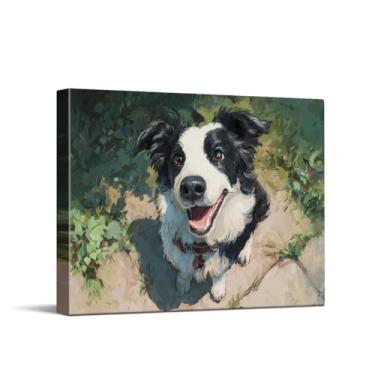 Imagem de CYFDYVT Happy Border Collie Retrato de cachorro natureza ao ar livre ilustração de animal de estimação impressão de arte de parede brilhante para decoração de berçário doméstico arte em tela 25 x 20