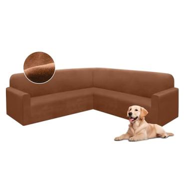 Imagem de HDCAXKJ Capas de sofá seccionais de veludo elástico em forma de L, conjunto de capas de sofá macias e grossas, em forma de U, protetor de móveis mágicos antiderrapantes para cães de estimação (laranja