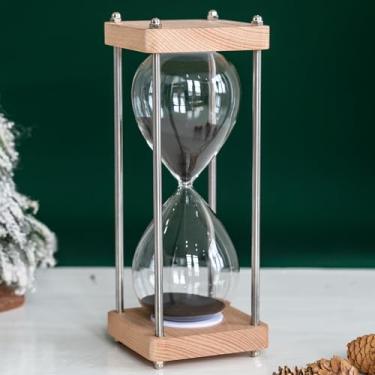 Imagem de Ampulheta grande de 60 minutos, com vidro transparente e base de madeira de carvalho natural, decoração de mesa de escritório minimalista moderna (preta)