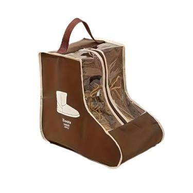 Imagem de 1 bolsa de armazenamento para botas com janela transparente, fecho de zíper e alça de transporte, organizador de botas alto dobrável para armazenamento de viagem no armário, Marrom, Short