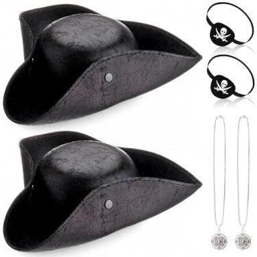 Imagem de Chicingyou Roupas de cruzeiro noturno pirata chapéus de pirata em couro a granel chapéu de tricórnio colar patch para os olhos festa em massa homens mulheres, Preto, tamanho �nico