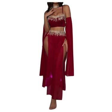Imagem de SHENHE Fantasias femininas de dança do ventre borla top cropped malha fenda maxi saia encenação conjunto lingerie borgonha GG