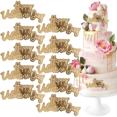 Imagem de 10 peças de topo de bolo feliz dia dos namorados espelho placa acrílica decoração de cupcake lateral para dia dos namorados, casamento, aniversário, festa, sobremesa, suprimentos (ouro)