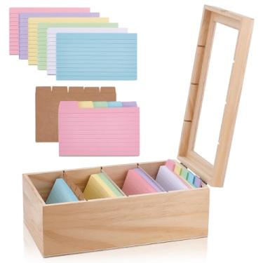 Imagem de FREEBLOSS Suporte de cartão de índice de madeira de pinheiro com 350 notas adesivas, 5 folhas kraft e 3 divisórias 26 x 15 cm x 9,9 cm