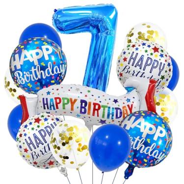 Imagem de Balões azuis número 7. Balões de alumínio grandes de aniversário azul escuro, balões coloridos de 7º aniversário para decoração de festa de aniversário de 7 anos para meninos 7 anos (azul 7)