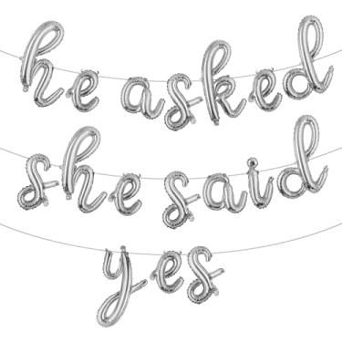 Imagem de He Asked She Said Yes Banner de balão, placa de glitter multicolorido para casamento, noivado, decorações de festa de chá de panela (L HE ASKED SHE SAID YES prata)