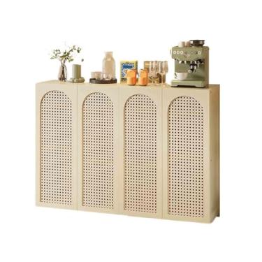 Imagem de hezhuhe2258 Aparador de sala de jantar estilo retrô aparador de cozinha sala de estar armazenamento de vime no chão quatro portas branco/preto 130 cm (branco)