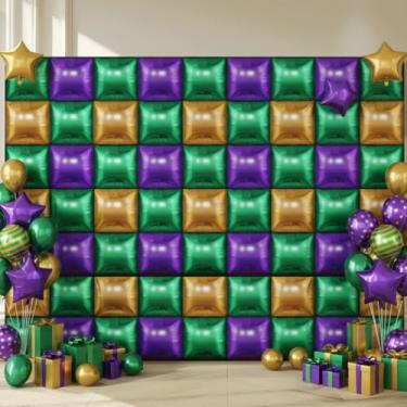 Imagem de Charnoel 50 Pcs Mardi Gras Party Decor Double Sided Square Foil Balloons Wall Backdrop 19'' Purple Green Gold Foil Balloon Tunnel Arch Garland Kit for Fat Tuesday New Orleans Carnival Masquerade Party