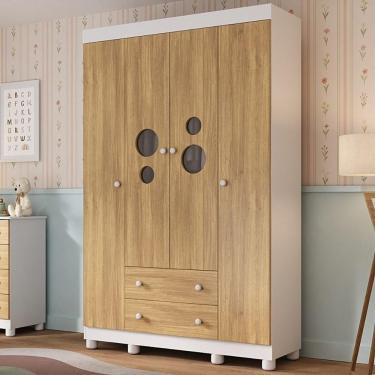 Imagem de Guarda-roupa Infantil 122cm Com Vidro 4 Portas E 2 Gavetas Bombom Multimóveis Mp4463 Branco/madeirado