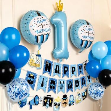 Imagem de APINWIN Decorações de festa de aniversário de 1º aniversário para meninos - guirlanda de aniversário de bebê com chefe azul preto, topo de bolo com placa de chefe, balões de festa de 1º aniversário, favor da Mr Wonderful para festa de primeiro aniversário