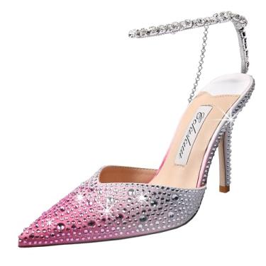 Imagem de Cokvkuu Sandálias femininas de salto alto, corrente de cristal, tiras no tornozelo, fivela de strass, salto alto, stiletto, sem fecho, festa de casamento, sapato social de cetim 9 cm, Rosa e branco