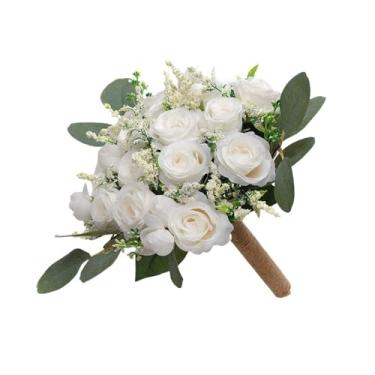 Imagem de Buquê de dama de honra branco feito à mão com folhas de rosa e eucalipto - Arranjo floral de casamento para damas de honra (branco)