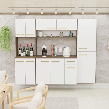 Imagem de Cozinha Modulada Completa Compacta Torre Quente Armário Aéreo e Balcão Auxiliar Aura Nogal/Branco