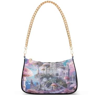 Imagem de Xray Flowers Bolsa moderna fantasia Hobo Party Clutch feminina designer bolsa de mão corrente pequena bolsa de ombro, Imaginary Mushroom Garden Castle