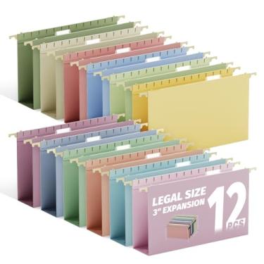 Imagem de Ansook Pastas de arquivo suspensas tamanho legal com abas capacidade extra, pastas suspensas de plástico de expansão resistente de 7,6 cm para armário de arquivo, cores sortidas, pacote com 12 pastas