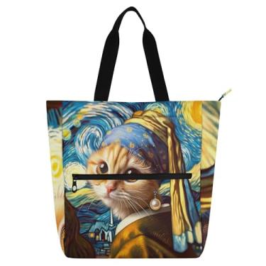 Imagem de Bolsa feminina engraçada de gato com brinco de pérola, bolsa de trabalho de lona com zíper, bolsa de praia para crianças, bolsas fofas, presente para amantes de livros