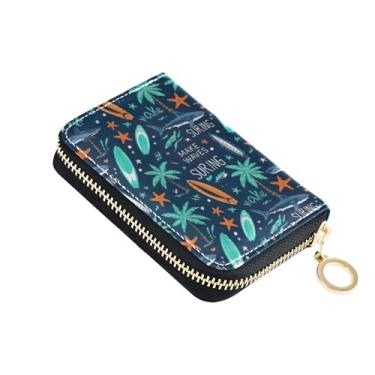 Imagem de Carteira minimalista feminina de couro para cartão de crédito com bloqueio de RFID, palmeiras tropicais, azul-marinho, zíper e chaveiro