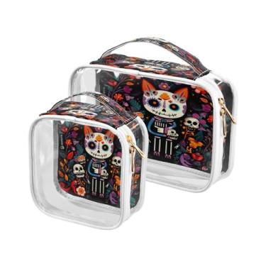 Imagem de GAIGEO Conjunto de 2 peças de bolsa de maquiagem Day of the Dead com desenho animado de gatos esqueleto, bolsas transparentes para viagem, bolsa de higiene masculina transparente, pacote com 2, Dia