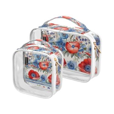 Imagem de GAIGEO Ônibus retrô com estampa de primavera, pacote com 2, bolsa transparente para viagem, bolsas transparentes de maquiagem para viagens, Bandeira americana vermelha aquarela papoula floral, one