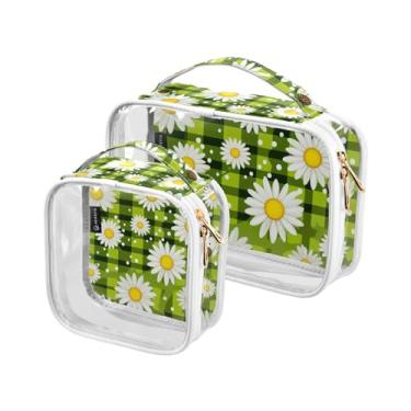 Imagem de GAIGEO Conjunto de bolsa de higiene pessoal transparente preto e branco, bolsa de higiene pessoal transparente, acessórios de viagem, pacote com 2, Tabuleiro de xadrez verde com margaridas brancas-3