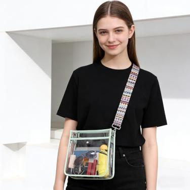 Imagem de Bolsa transparente grande com 3 bolsos para eventos de estádio com 2 alças longas bolsa transversal feminina aprovada para estádio de concertos verde