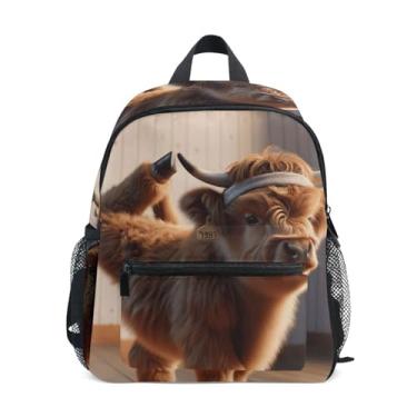Imagem de GAIGEO Funny Highland Cow Yoga Animal Little Kids Backpack, 10x4x12 In, Little Girls Backpack Includes Water Bottle Pockets, Whistle Clip for Safety
