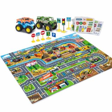 Imagem de Conjunto Carrinho com Tapete e Acessórios, Tapete Ilustrado 80x70cm, 2 Carrinhos, Kit Acessórios Trânsito, Plástico e Tecido Sintético, Verde, +3 Anos