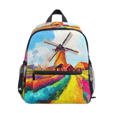Imagem de GAIGEO Impressionist Painting Windmill Kids Backpack 10x4x12 In, Mini Backpack for Toddler Girls with Water Bottle Pockets, Whistle Buckle