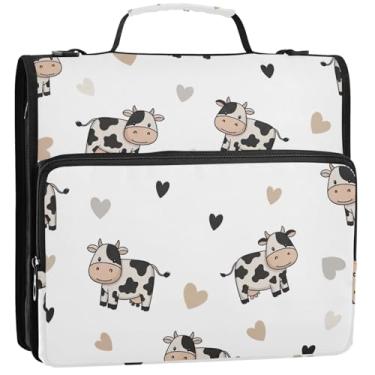 Imagem de Lindos desenhos animados de vacas 3,8 cm, 3 anéis, organizador de fichário com zíper, bolsa de fichário para ensino médio com alça, suporte grande para 500 folhas, 34,5 x 31,5 x 9 cm