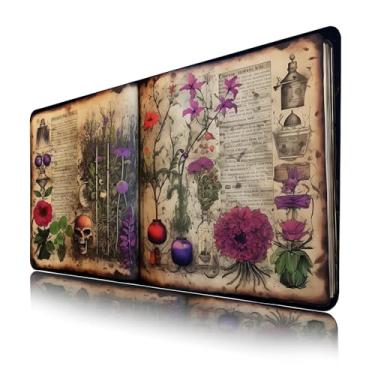 Imagem de Mouse pad Witchy floral e livro, mouse pad divertido GG para jogos com bordas costuradas, grande teclado de computador tapete de mesa official, mouse pad, impermeável, 900 x 400 mm