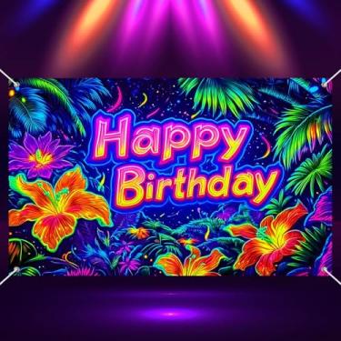 Imagem de BlissYard Banner neon feliz aniversário brilhante decoração festa fundo 71 x 43 polegadas selva tropical design floral para adultos aniversário cabine foto pano de fundo suprimentos decoração evento