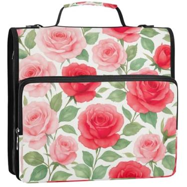 Imagem de Organizador de fichário com zíper, rosas e folhas verdes, 3 fichários de 3,8 cm, anéis em D, fichários fofos com alça, pasta de armazenamento de bolsa de ensino médio com alça, 34,5 x 31,5 x 9 cm