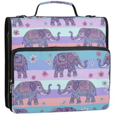 Imagem de Organizador de fichário com zíper para elefantes, fichários de 3 cm, bolsa escolar resistente com alça de ombro, vários bolsos, pasta grande, 34,5 x 31,5 x 9 cm